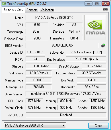 XFX geForce 8800 GTX 768 Mb Gpu-z